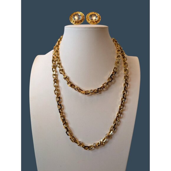 Gold Plated Chain Necklace W/ Glass Rhinestones & Coordinating Clip Earrings Set - Picture 1 of 12
